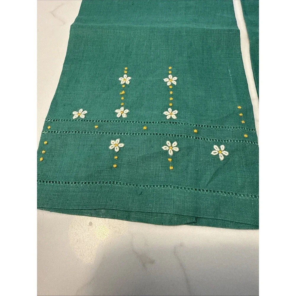 Vintage Hand Embroidered Tea Kitchen Towels Set Of 2 Florals Linen